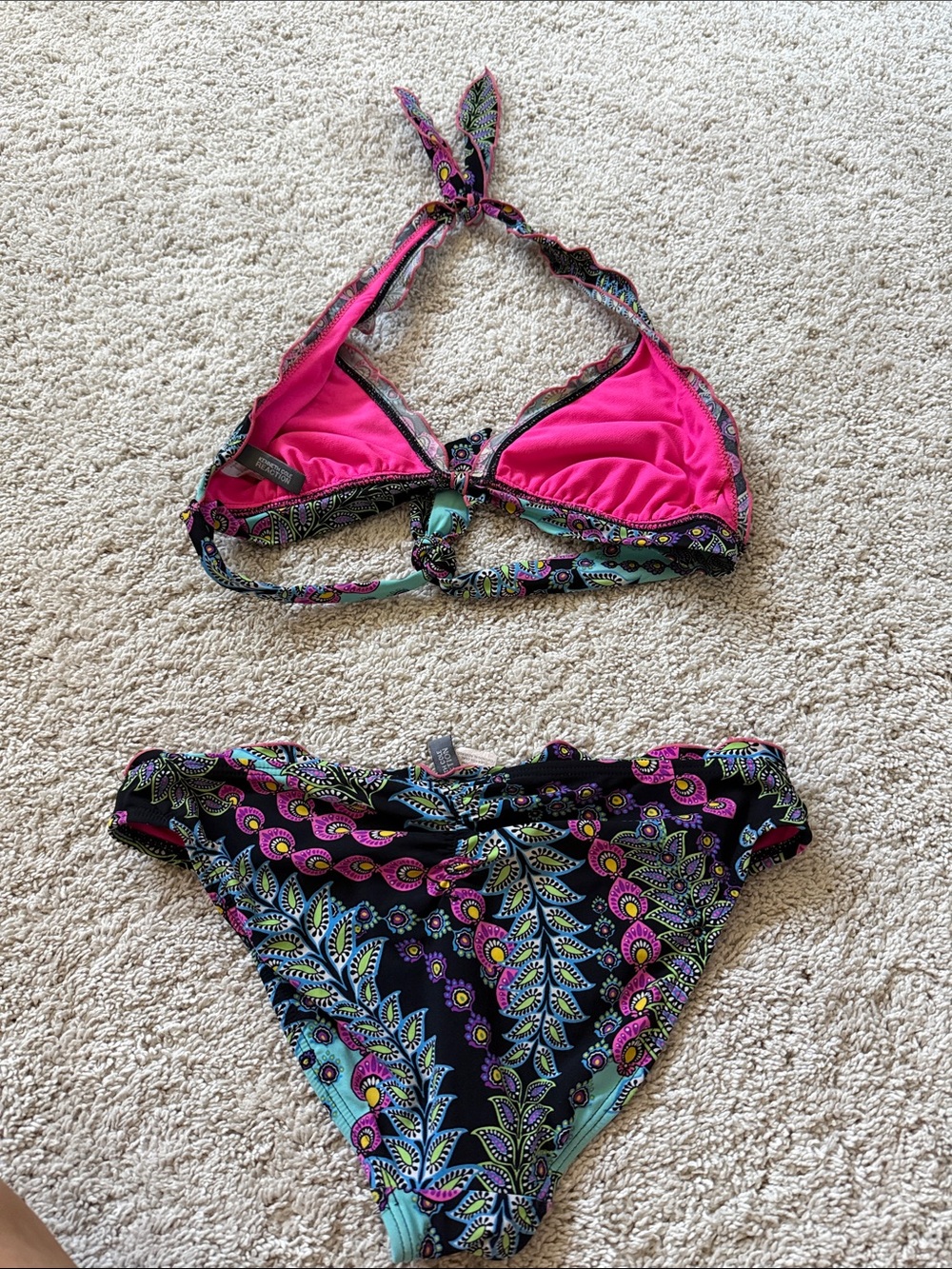 Kenneth Cole Reaction Black Paisley Print Bikini with Pink and Teal Accents - Picture 4 of 4